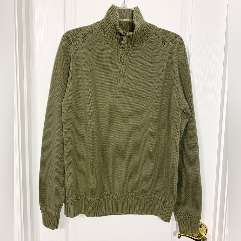 Y2K VTG Nautica Herringbone Knit Trim Quarter Zip Sweater Olive Men’s Medium